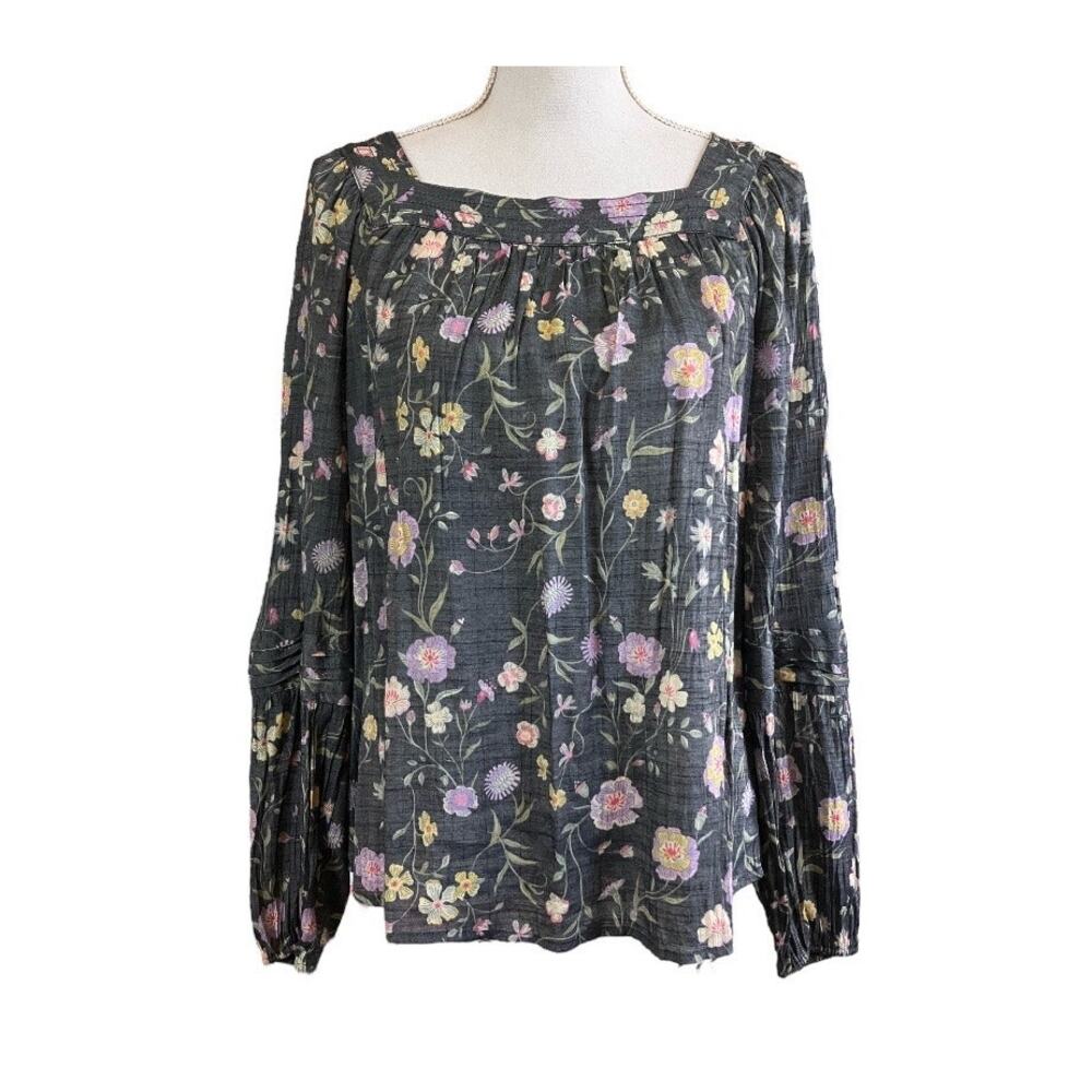 Lauren Conrad Gray White Yellow Floral Prairie Long Sleeve Top Medium